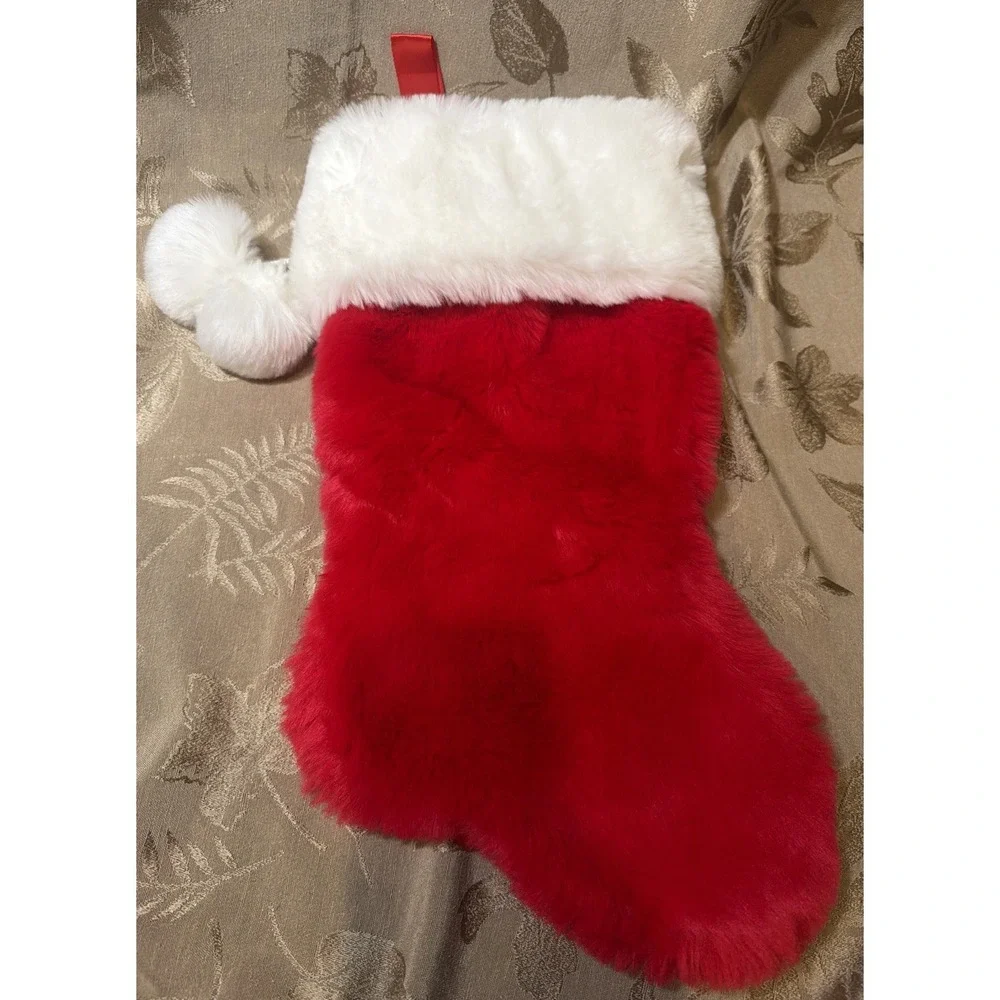 TARGET Tom's Toys Red & White Fluffy Plush Christmas Stocking Pom poms